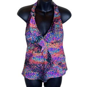Spanx assets women’s medium colorful glamour ruffle tankini halter top slimming